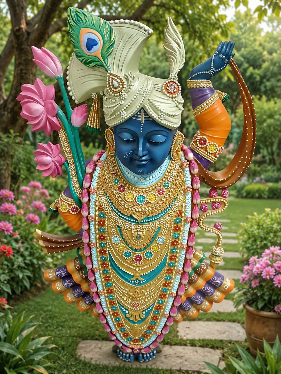 Handcrafted Fiber Lord Krishna Statue with Lotus & Flute